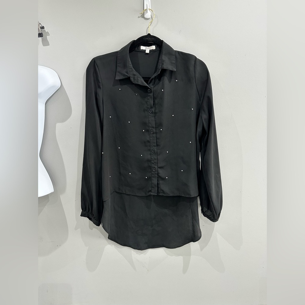 Short Front Long Back Black Long Sleeve Blouse w/ Rhinestones